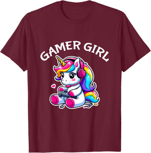 Cute Video Game Gaming Unicorn Gamer Girl T-Shirt - T-Shirt | Maroon