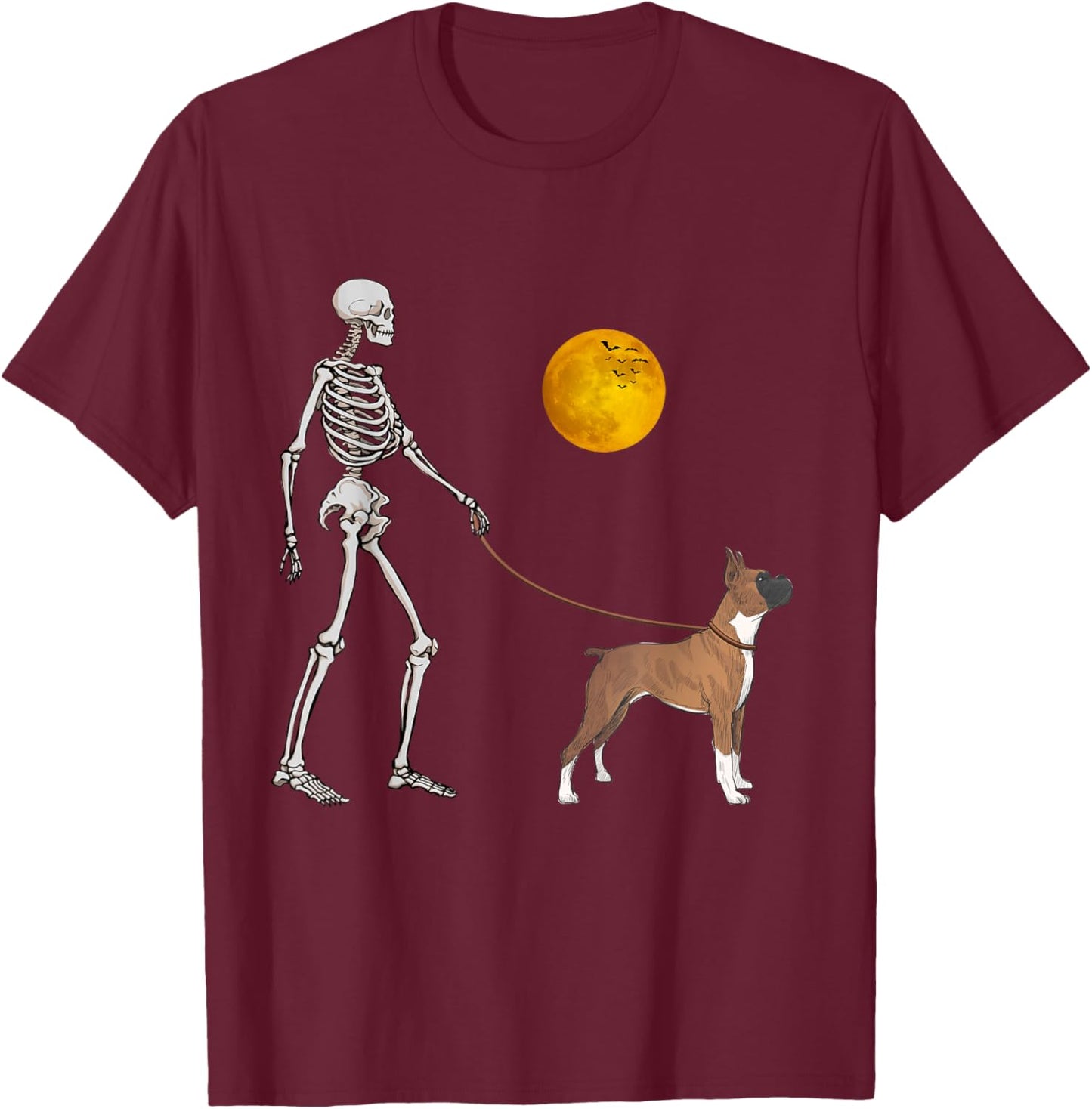 Boxer Skeleton Dog Walking Halloween Costume T-Shirt - T-Shirt | Maroon