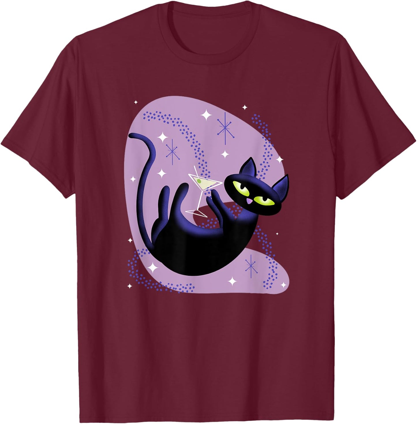 Cool Retro Atomic Cat Swimming in Space with Martini Men Women T-Shirt - T-Shirt | Maroon