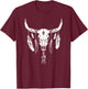 Boho Longhorn Bull Skull Design Cow Skull and Feathers Art T-Shirt - T-Shirt | Maroon