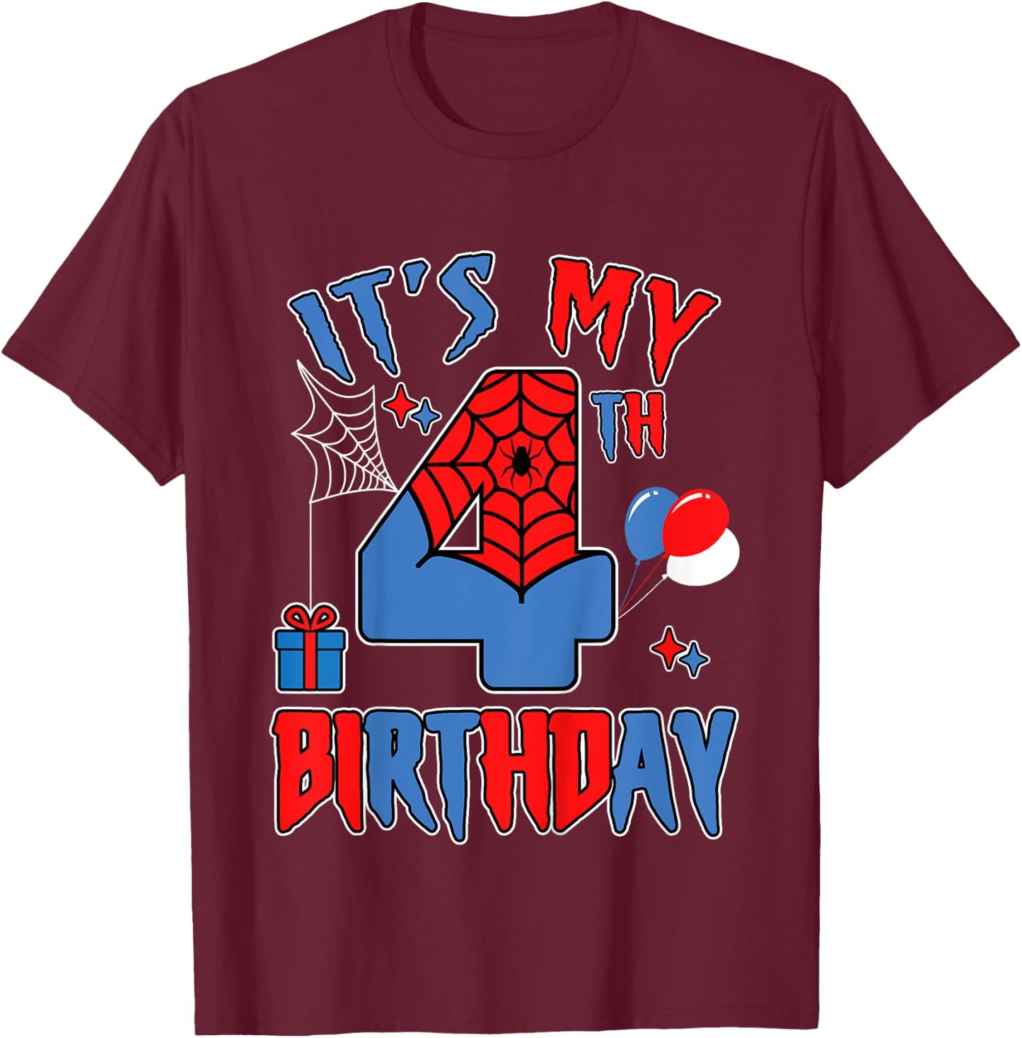 Kids 4th Birthday Spider Web Theme Party four 4 Year Bday Boy T-Shirt - T-Shirt | Maroon