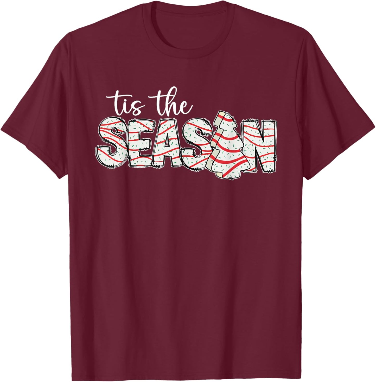Tis The Season Christmas Lights Tree Cakes Debbie Groovy T-Shirt - T-Shirt | Maroon