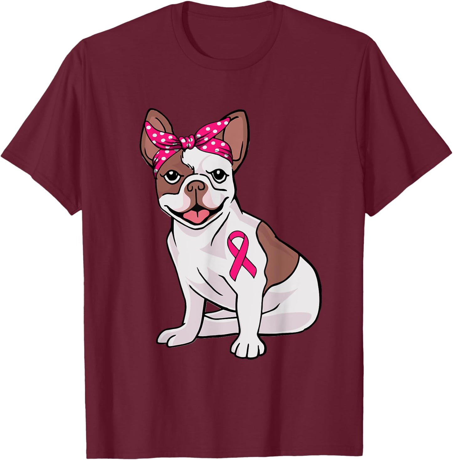 French Bulldog Pink Bandana Breast Cancer Awareness Cute Dog T-Shirt - T-Shirt | Maroon
