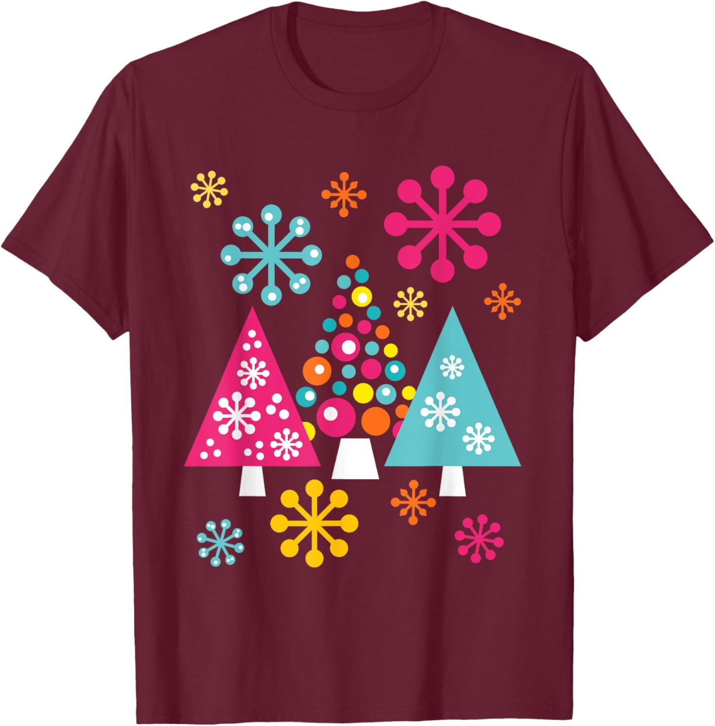 Groovy Retro Christmas Trees and Snowflakes T-Shirt - T-Shirt | Maroon