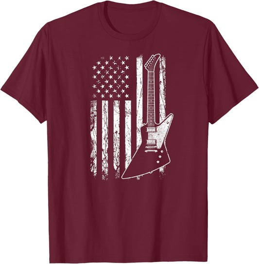 Patriotic Explorer Type Guitar Player American Flag Women Men T-Shirt - T-Shirt | Maroon