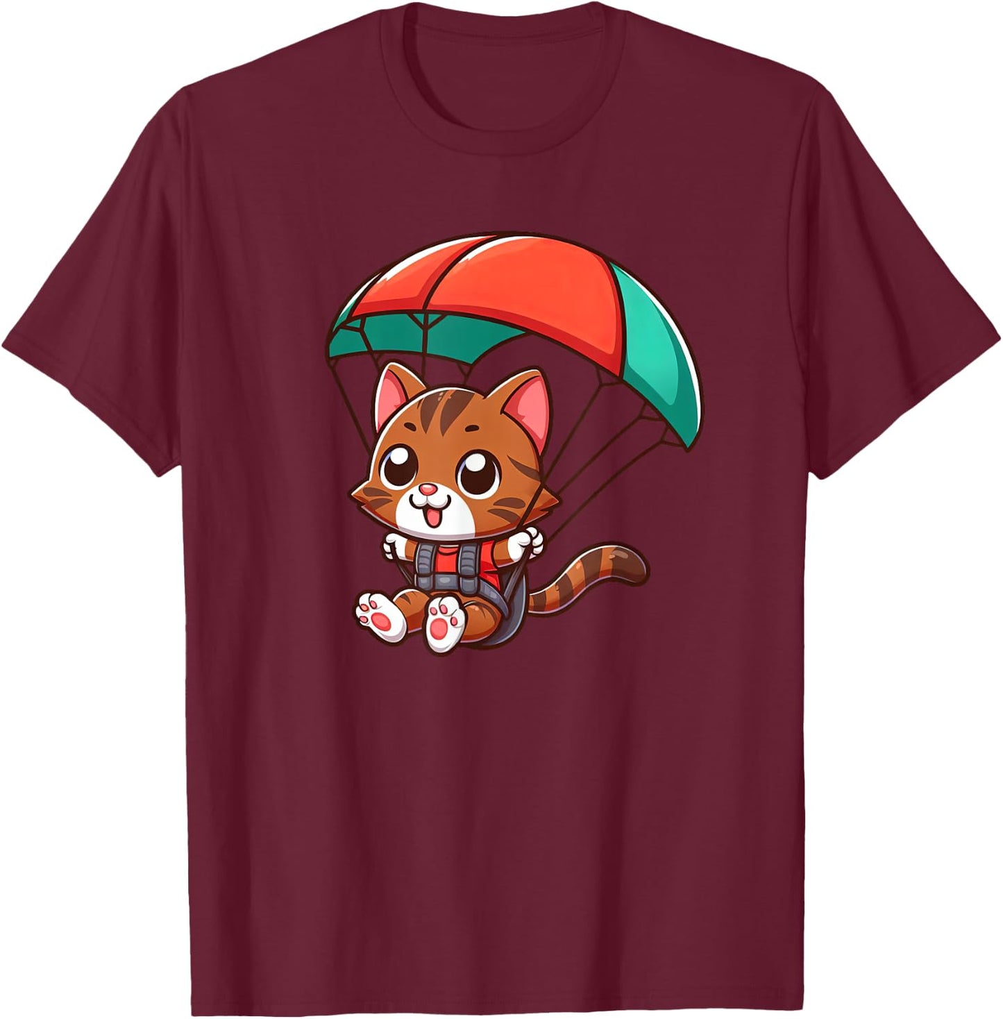 Brown Tabby Cat Skydiving Pet Funny Parachuting T-Shirt - T-Shirt | Maroon