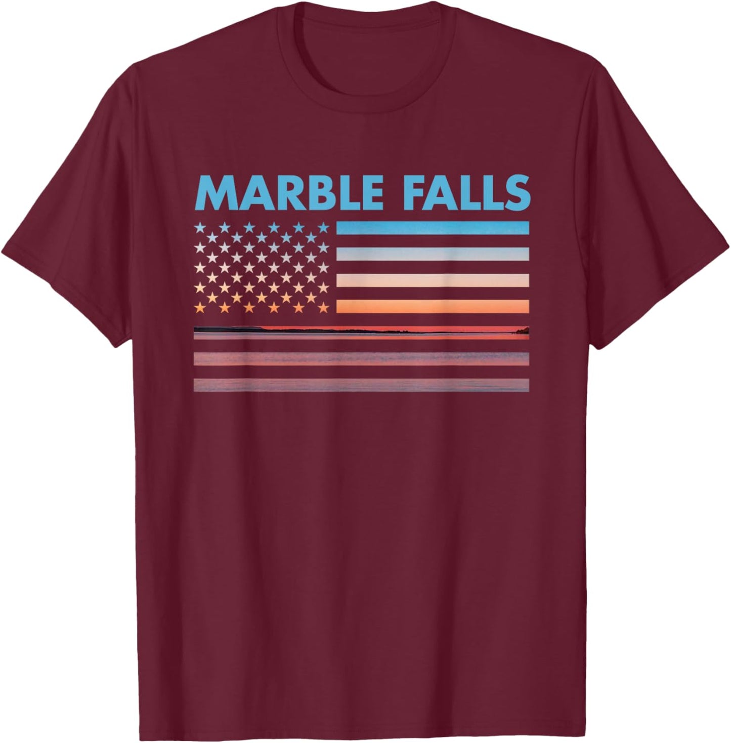 Vintage Sunset American Flag Marble Falls, Texas T-Shirt - T-Shirt | Maroon
