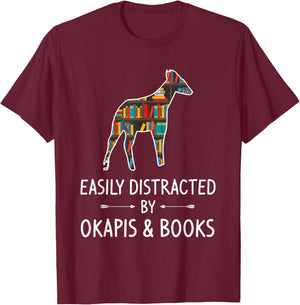 Easily Distracted By Okapis & Books Lover Gift Camelopard T-Shirt - T-Shirt | Maroon