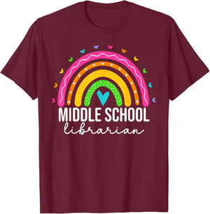 Middle School Librarian Teacher Rainbow Library T-Shirt - T-Shirt | Maroon