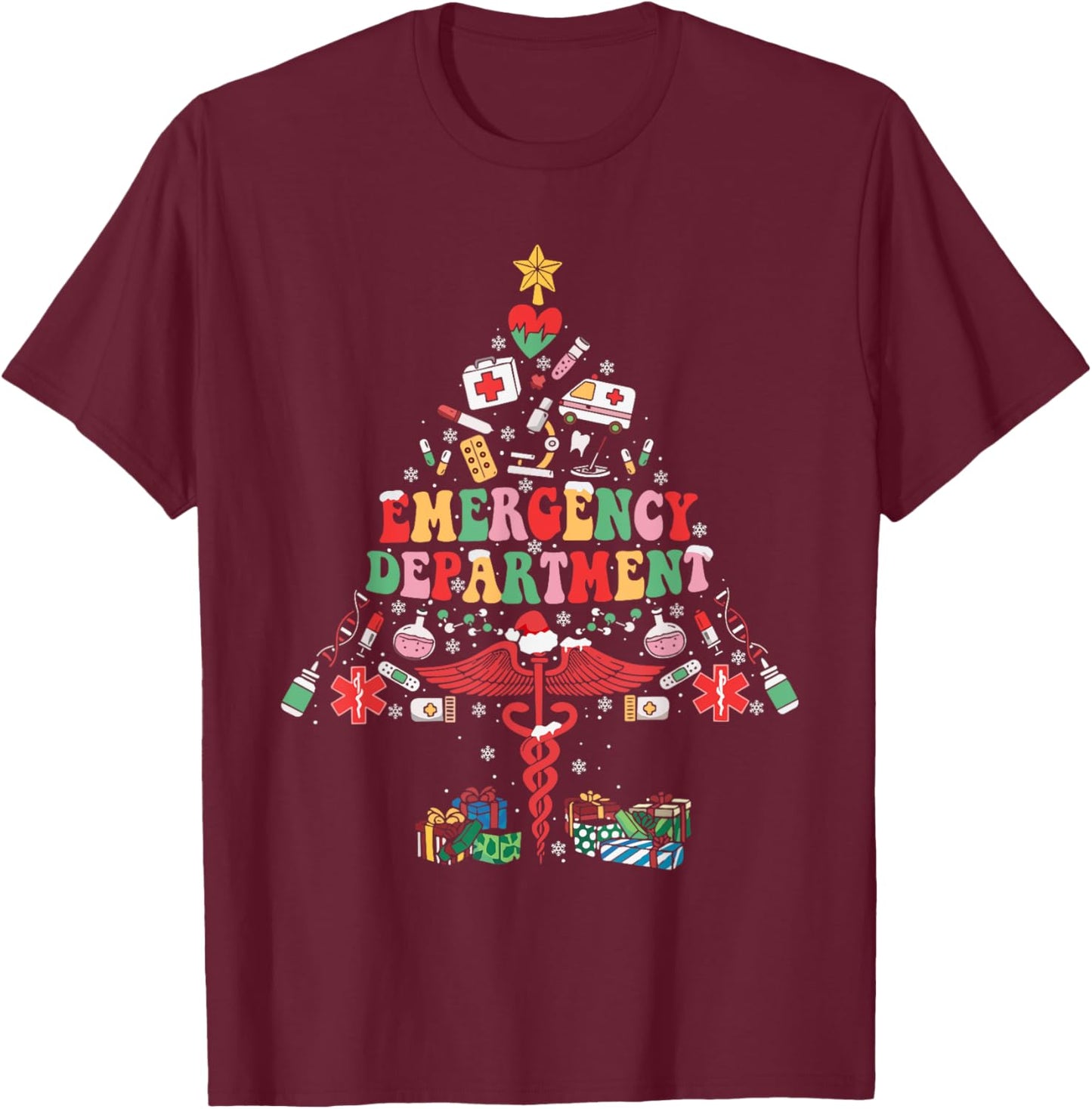 Retro Emergency Department Christmas Tree ER Crew Nurse Xmas T-Shirt - T-Shirt | Maroon