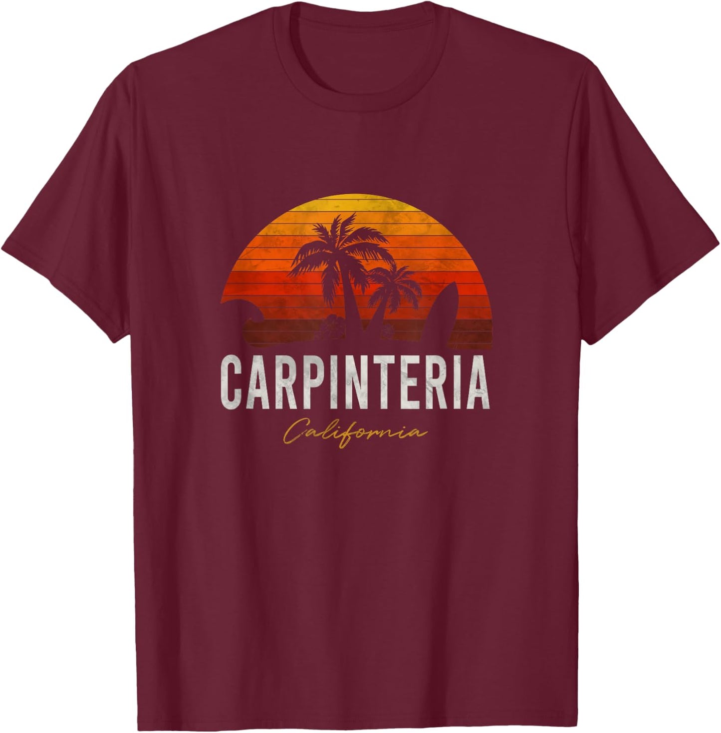 Carpinteria Beach California Palms Vacation Surf Sundown T-Shirt - T-Shirt | Maroon