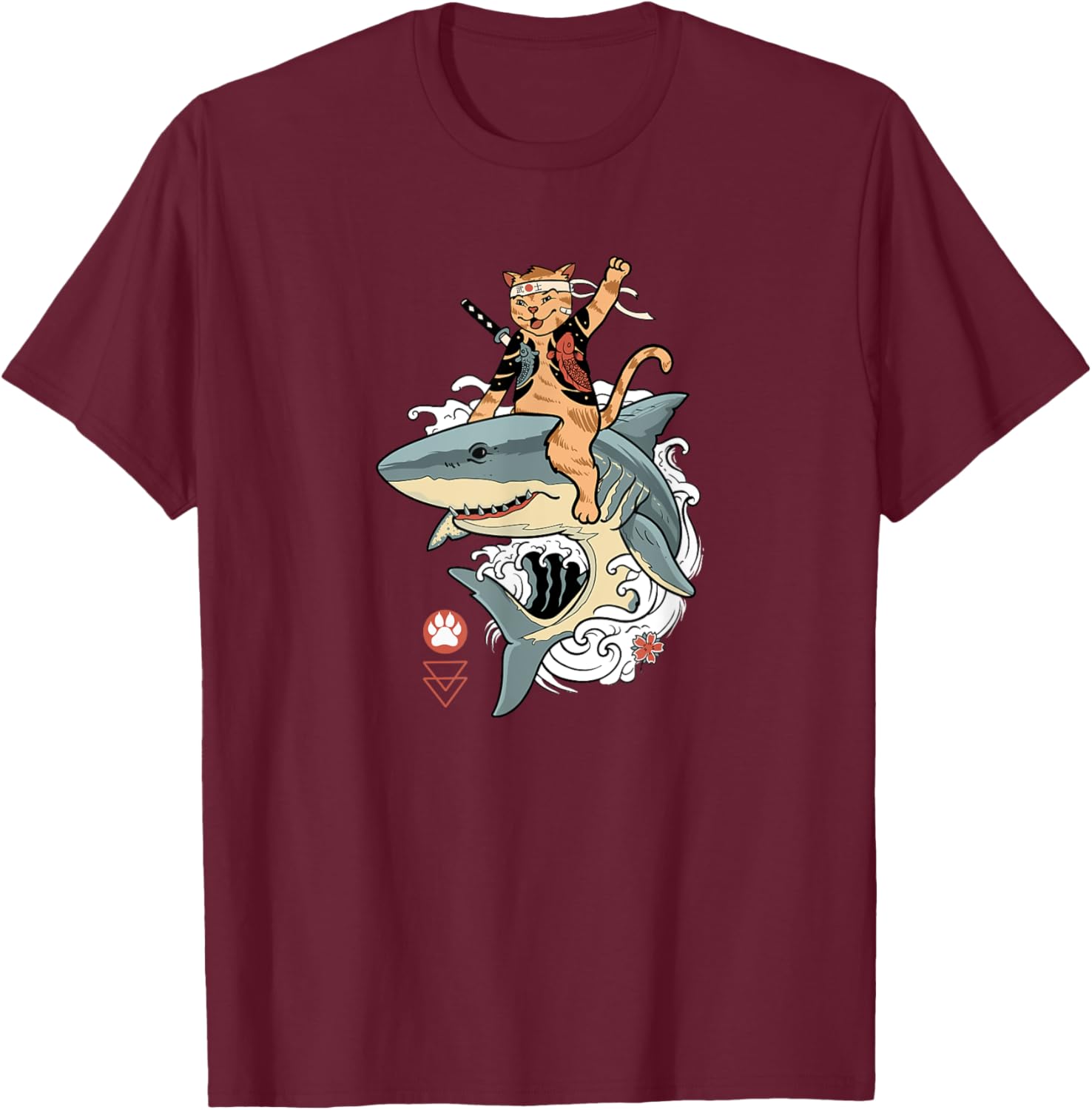 Samurai Cat Riding a Shark, Cat Warrior with Japanese Katana Men Women T-Shirt - T-Shirt | Maroon
