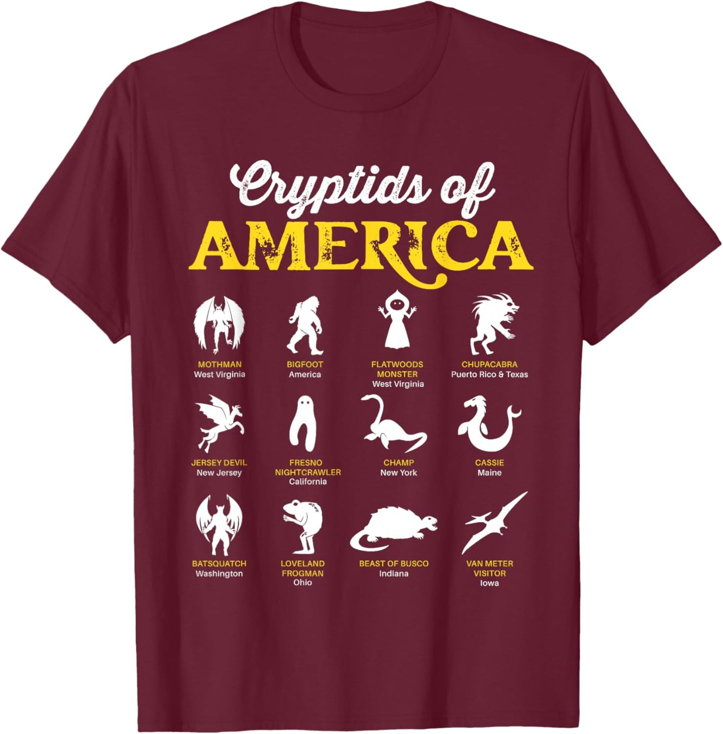 Cryptids of America Mothman Chupacabra Frogman Jersey Devil T-Shirt - T-Shirt | Maroon