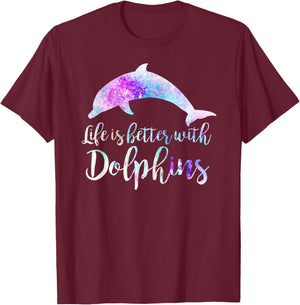 Life is Better With Dolphins Vintage Dolphin Lover Graphic Men Women Kids T-Shirt - T-Shirt | Maroon