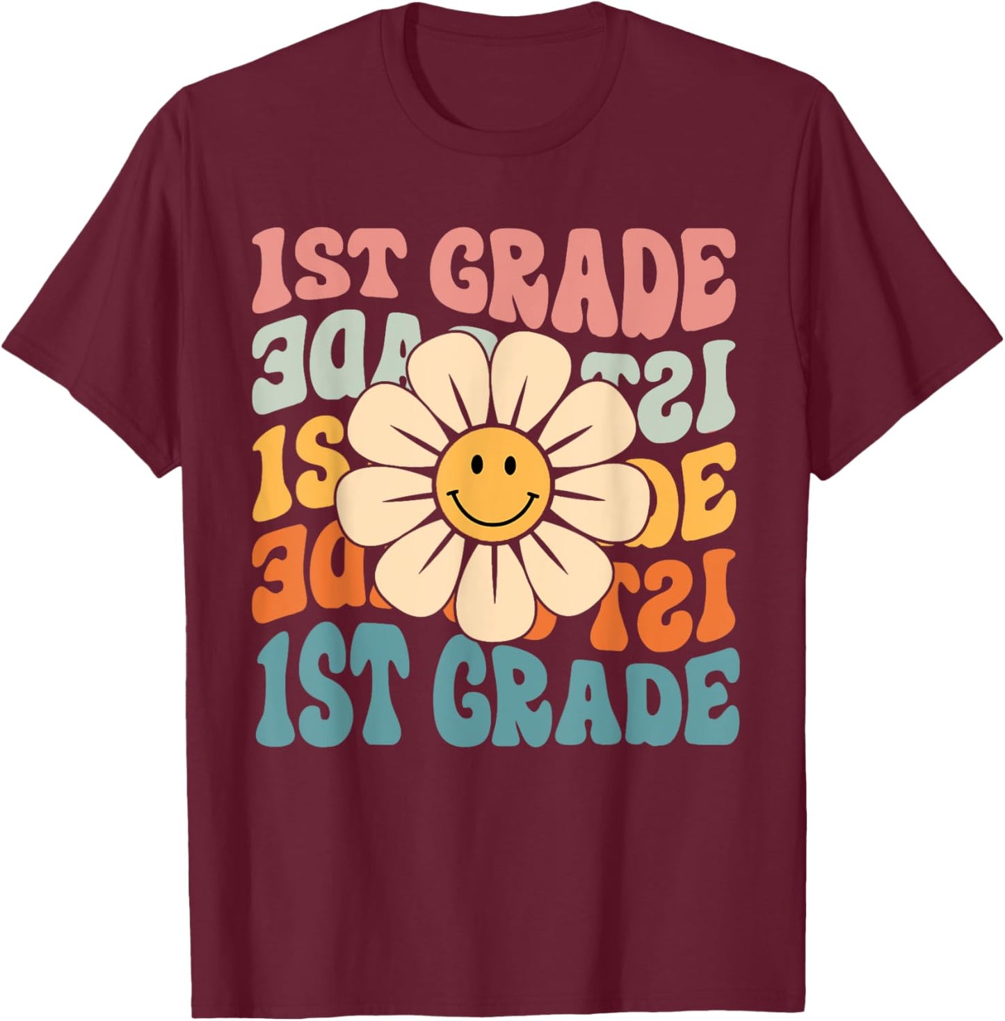 Retro 1st Grade Daisy Colorful Back To School First Grade T-Shirt - T-Shirt | Maroon