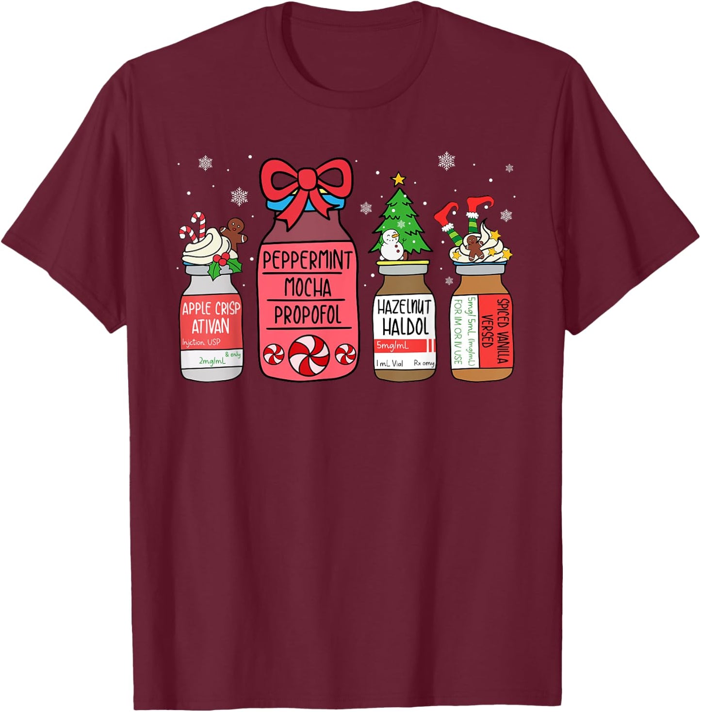 Peppermint Mocha Propofol Christmas Nurse ER ED ICU RN Scrub T-Shirt - T-Shirt | Maroon