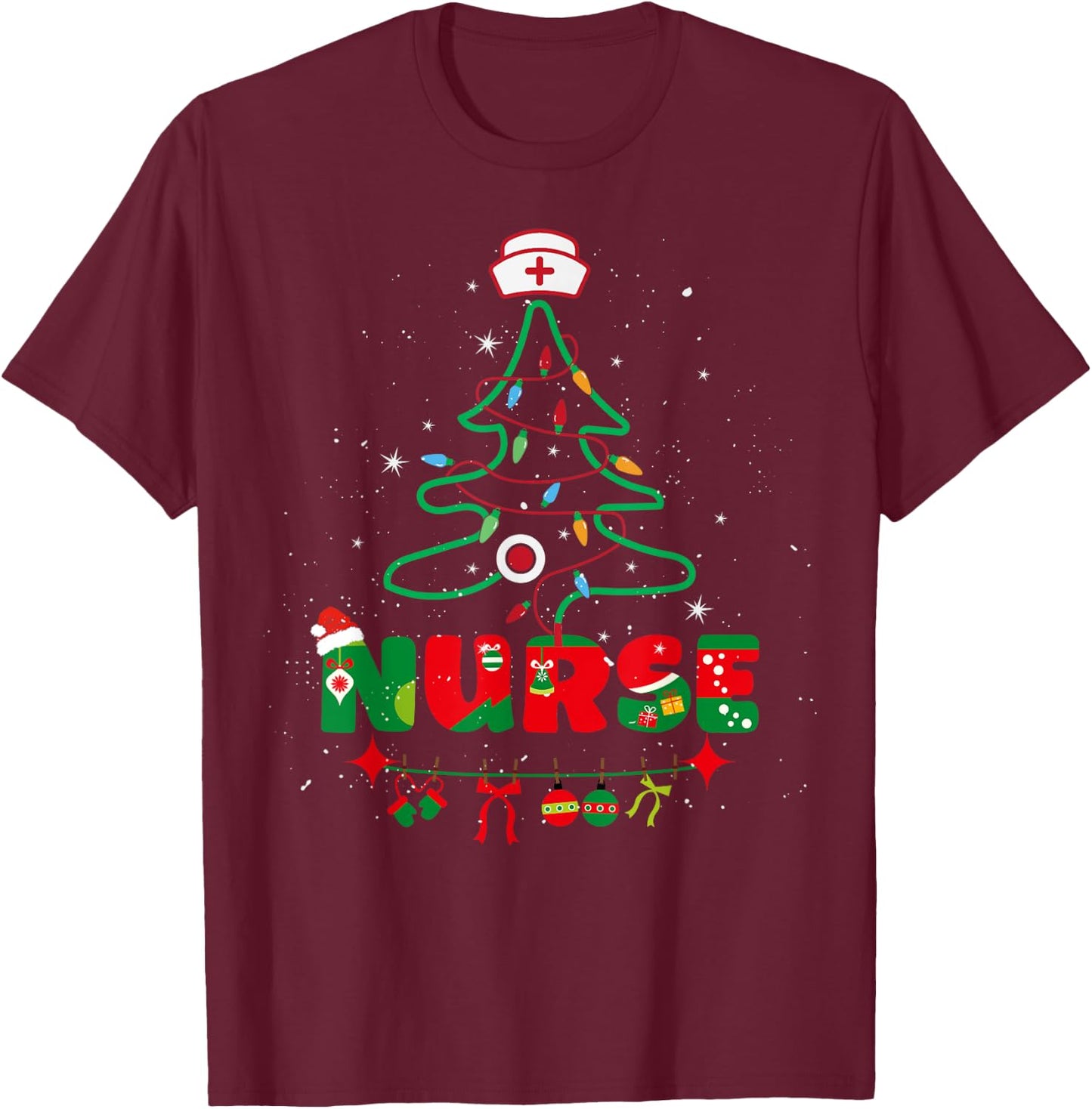 Nurse Christmas Stethoscope Tree Nurses Xmas Pajamas T-Shirt - T-Shirt | Maroon
