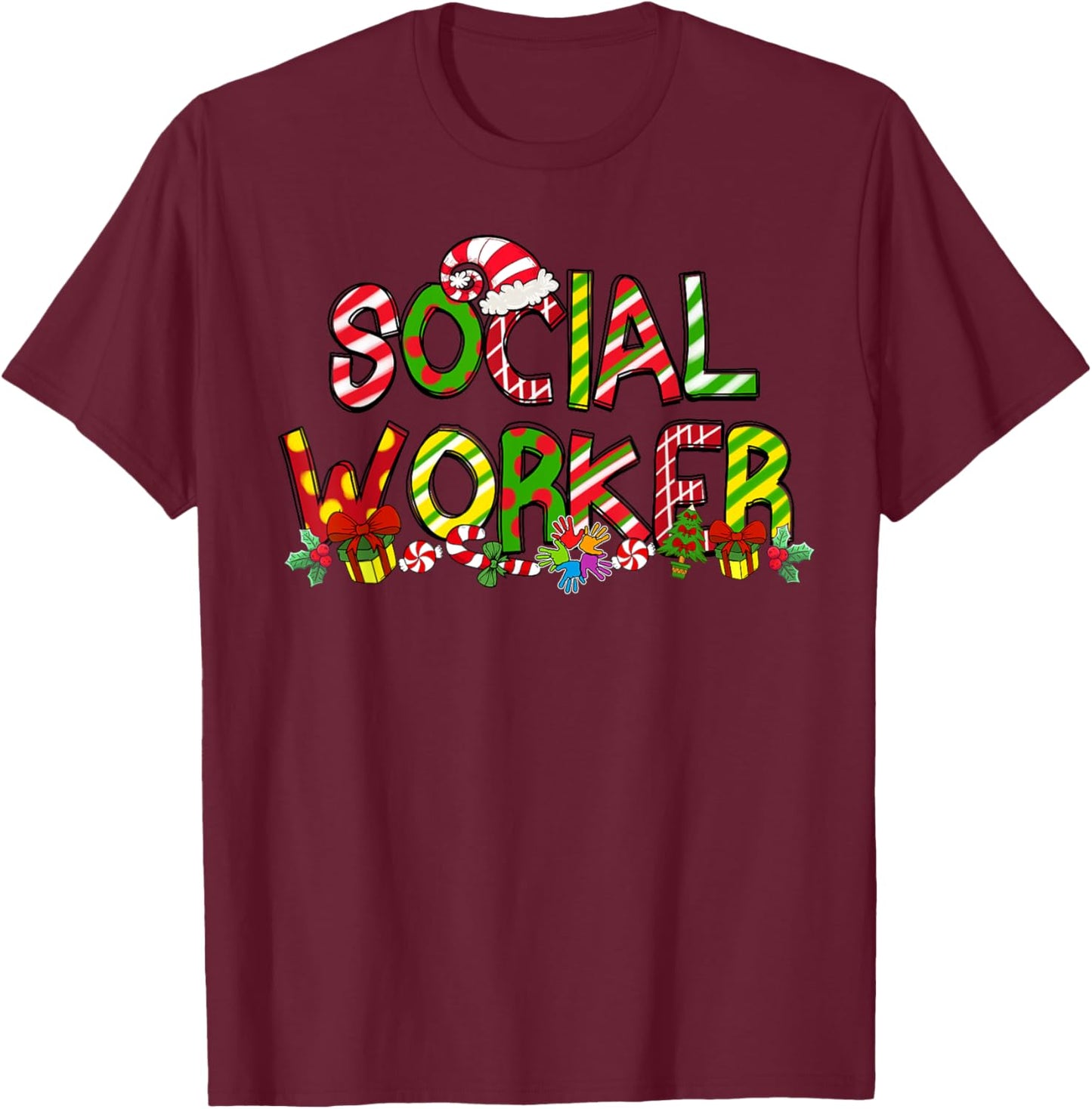 Social Worker Santa Hat Candy Cane Christmas Funny Xmas T-Shirt - T-Shirt | Maroon