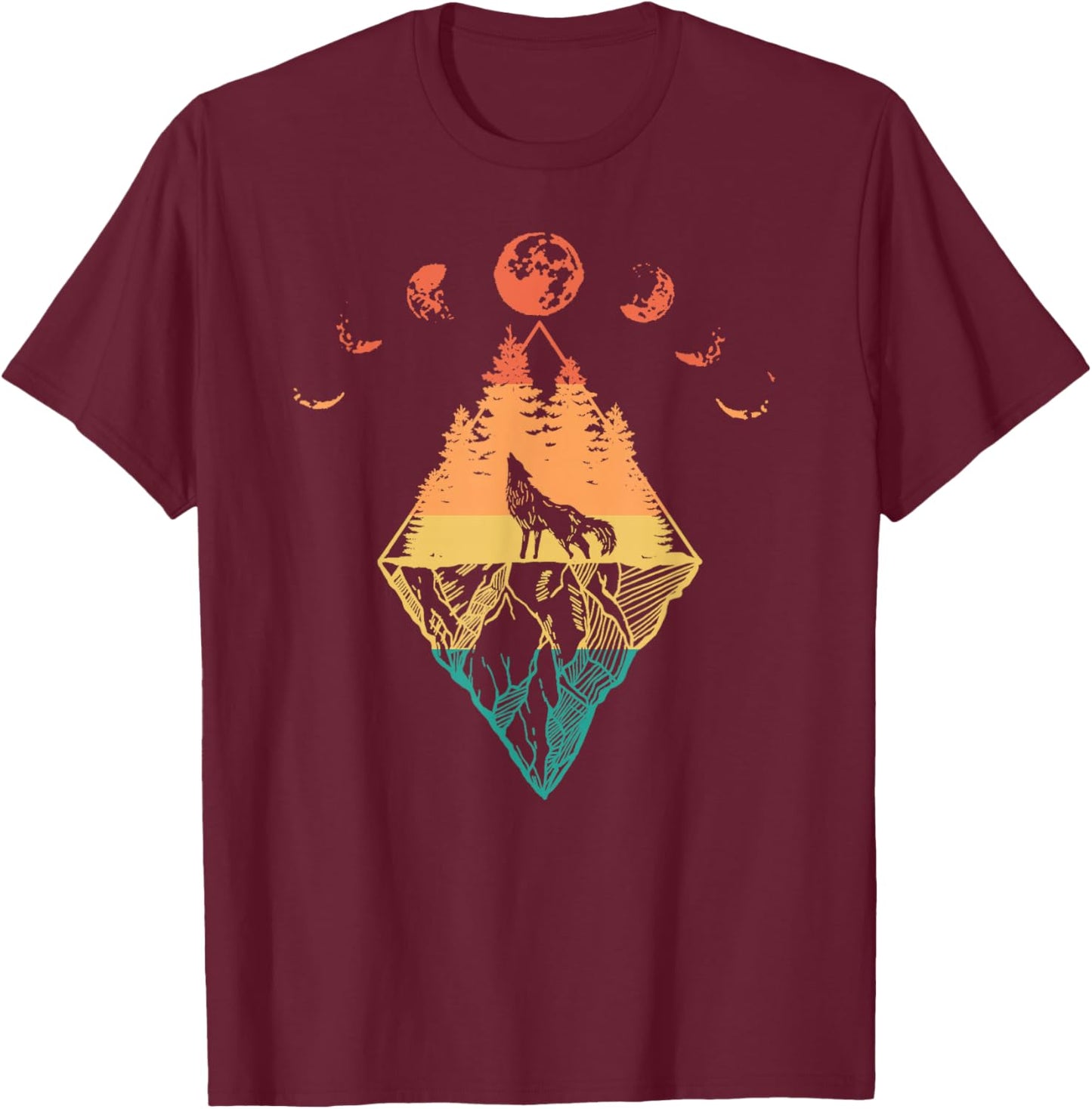 Howling Wolf Phases Of The Moon Retro T-Shirt - T-Shirt | Maroon