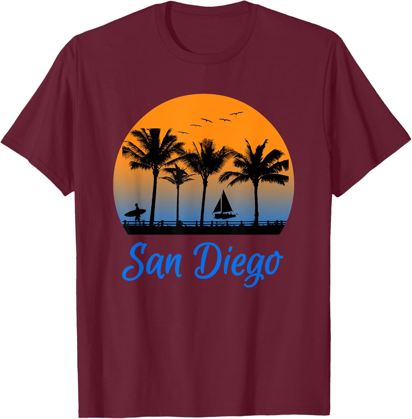 San Diego California Travel Surfing T-Shirt - T-Shirt | Maroon