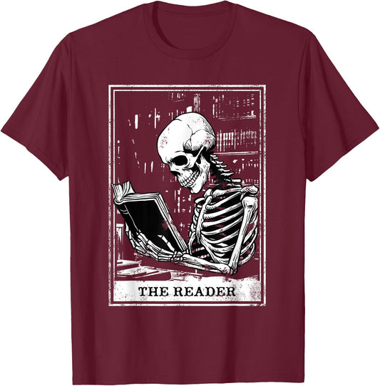 Tarot Card Shirt The Reader Tarot Skeleton Reading Book T-Shirt - T-Shirt | Maroon