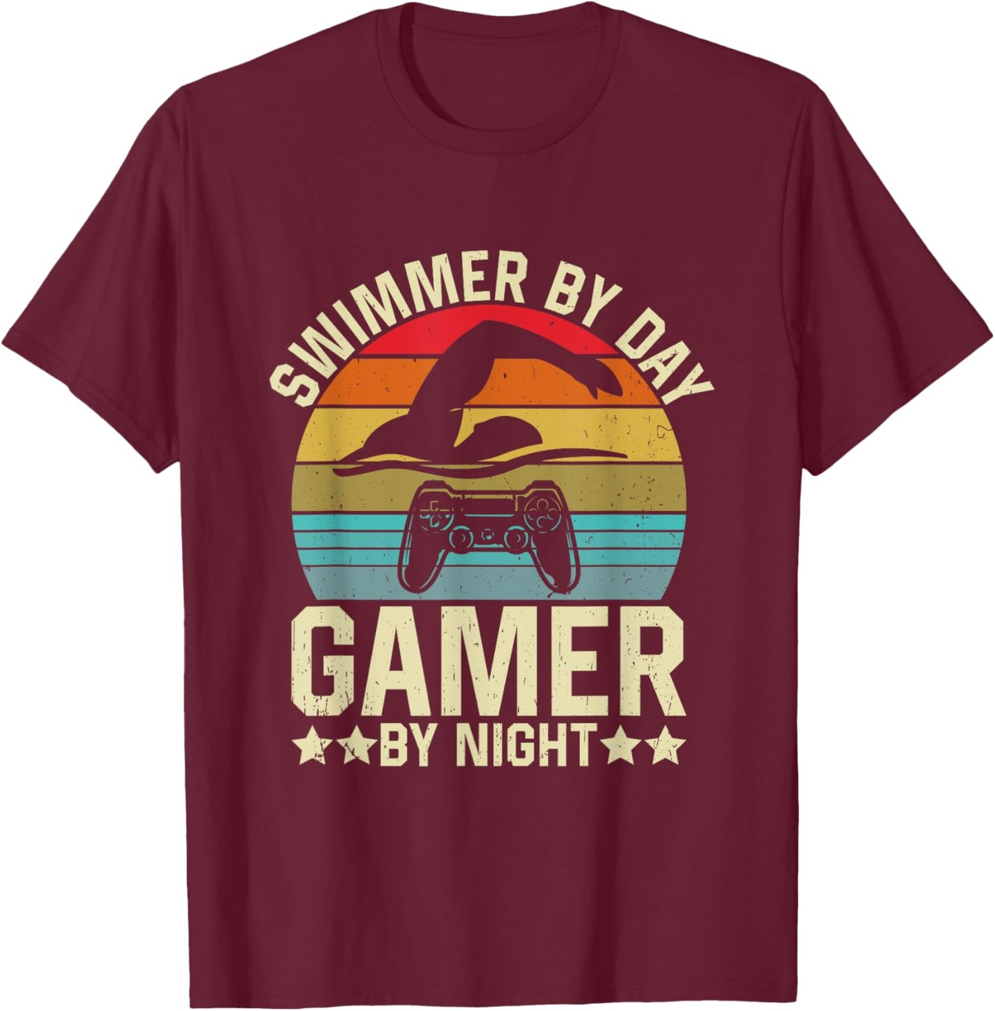 Swimmer By Day Gamer By Night Swimming Video Games Lover T-Shirt - T-Shirt | Maroon