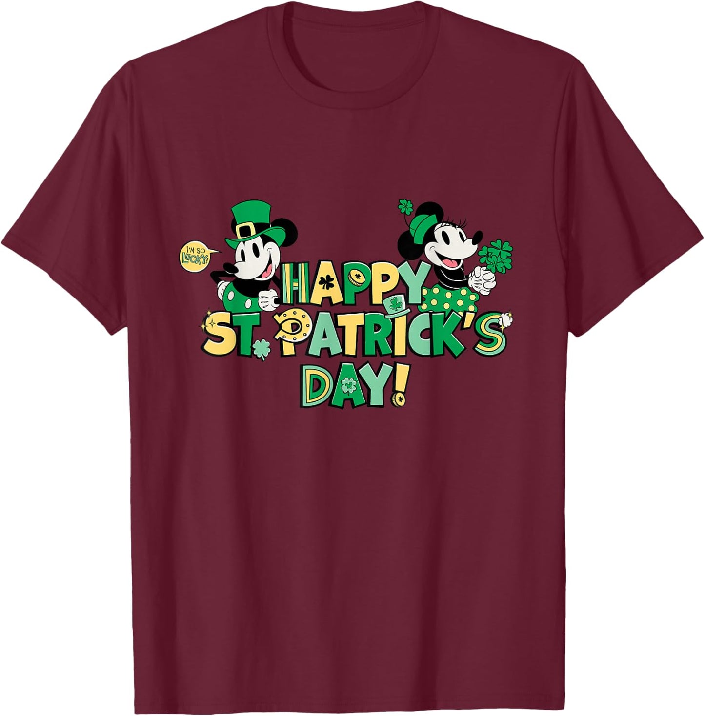 New Disney Vintage Mickey & Minnie Happy St. Patrick's Day T-Shirt - T-Shirt | Maroon