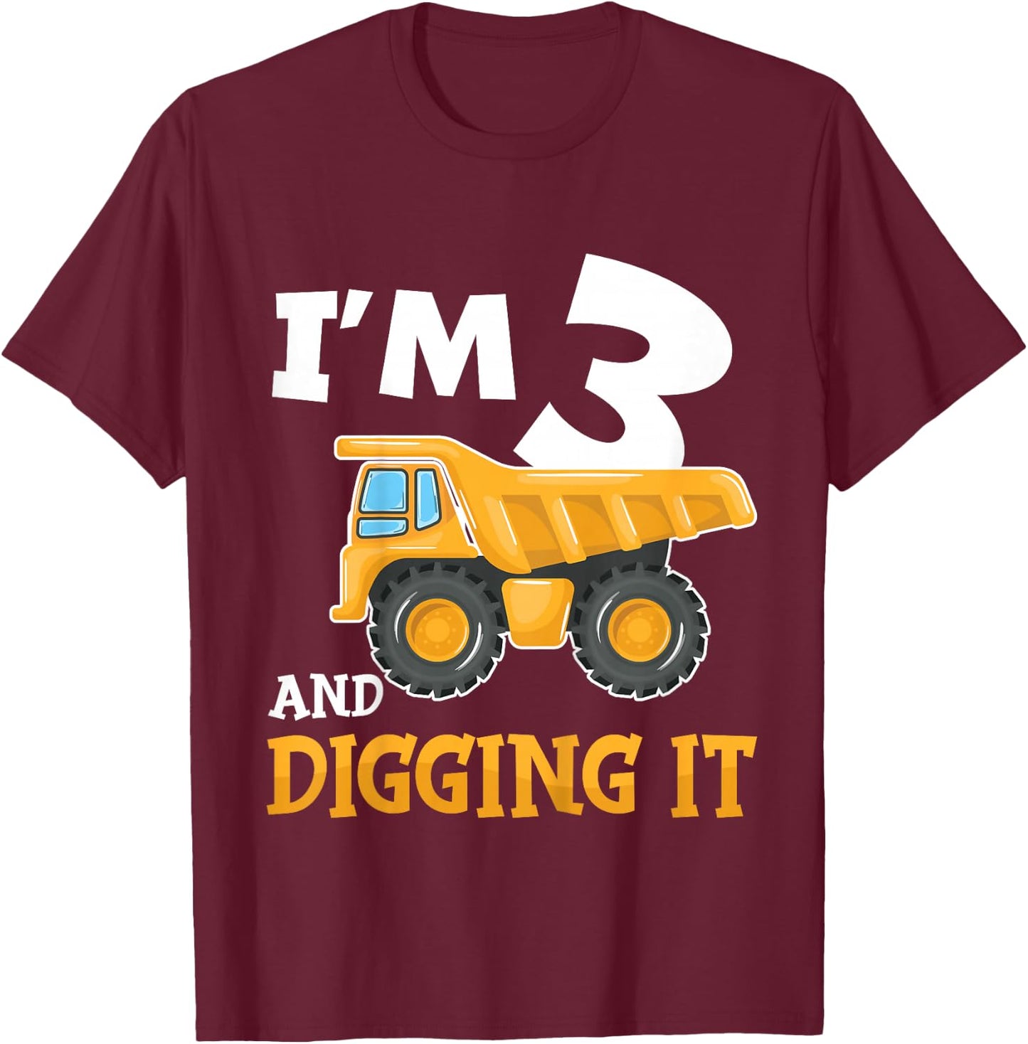 Kids Three 3yr 3rd Birthday Construction Boy 3 Years Old T-Shirt - T-Shirt | Maroon