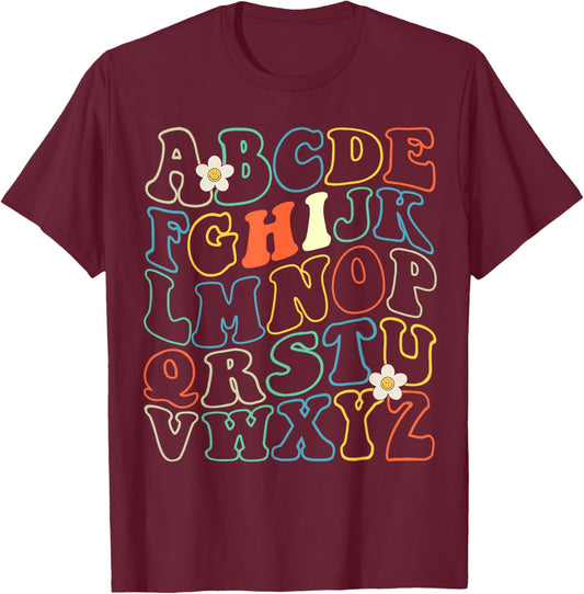 Funny Kindergarten Hi Alphabet Groovy Back To School Teacher Men Women Girls Kids T-Shirt - T-Shirt | Maroon