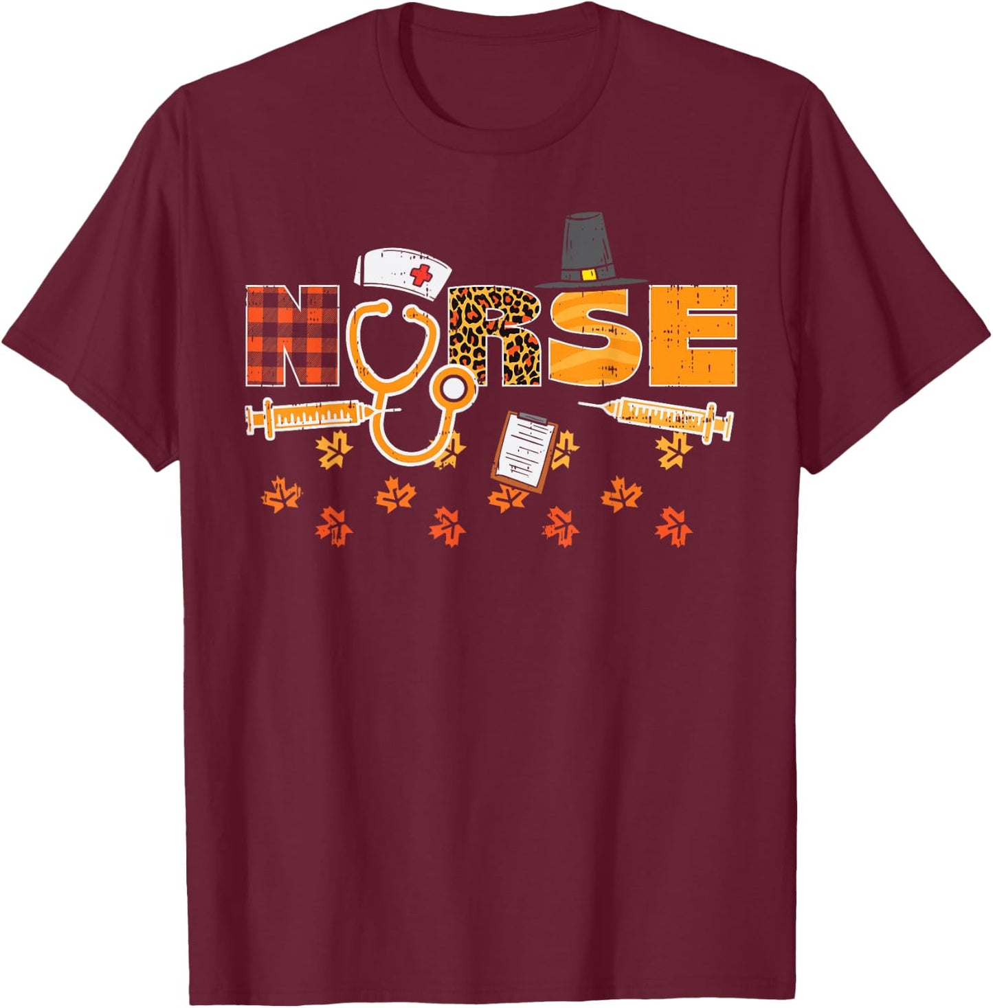 Thanksgiving Leopard Plaid Nurse Fall Scrub Top RN Men Women T-Shirt - T-Shirt | Maroon