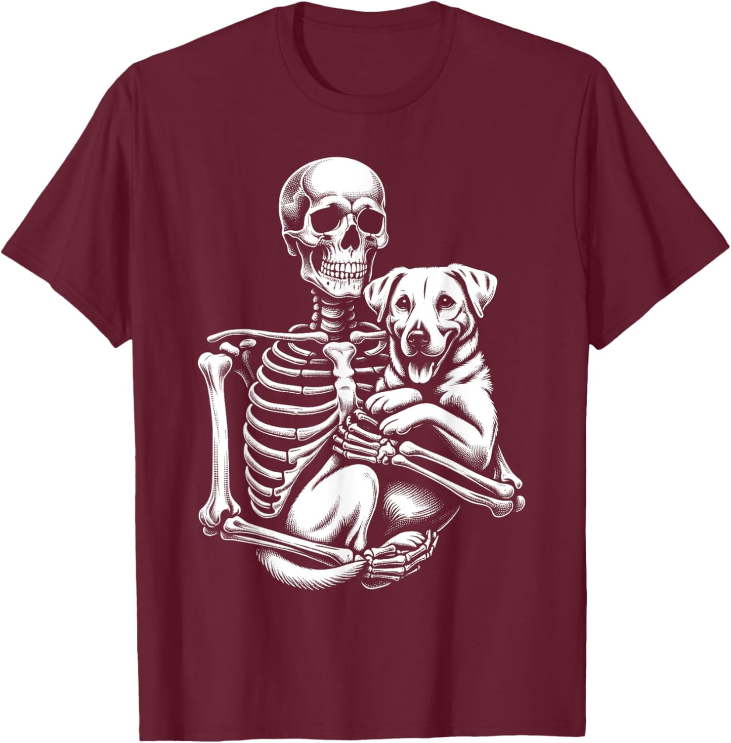 Skeleton Holding A Dog Funny Lazy Halloween Costume Skull T-Shirt - T-Shirt | Maroon