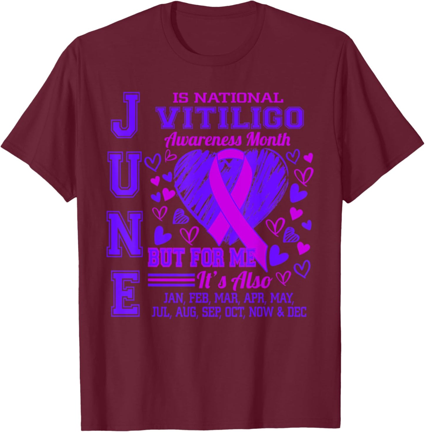 June is National Vitiligo Awareness Month Purple Ribbon T-Shirt - T-Shirt | Maroon