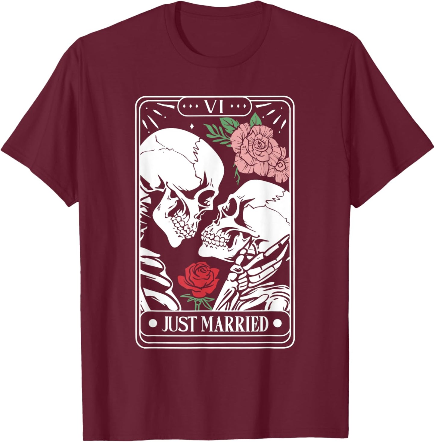 Just Married Tarot Card Halloween Skeleton Couple Matching T-Shirt - T-Shirt | Maroon