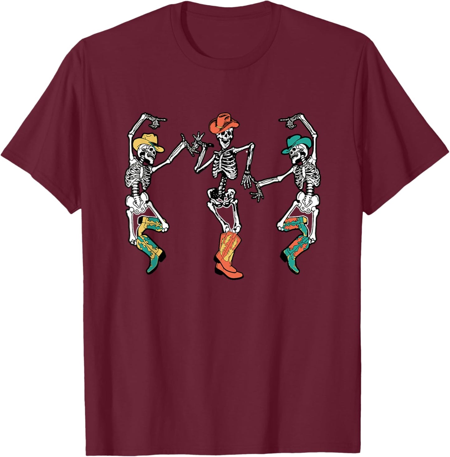Cowboy Skeleton Cowgirl Dancing Boots Halloween T-Shirt - T-Shirt | Maroon