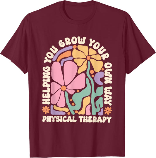 Retro Physical Therapy Boho Flowers Pediatric PT Graduation T-Shirt - T-Shirt | Maroon