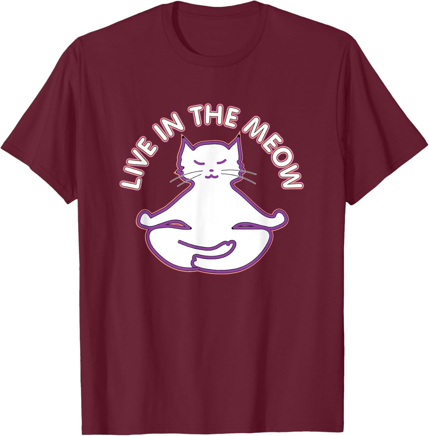 Yoga Teacher Gifts LAD Graphics Yoga Cat 'Live In The Meow' Yogi Kitty Meditation Black Women's Classic Fit Short Sleeve T-Shirt - T-Shirt | Maroon