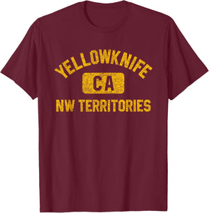 Yellowknife Canada CA Gym Style Distressed Amber Print T-Shirt - T-Shirt | Maroon