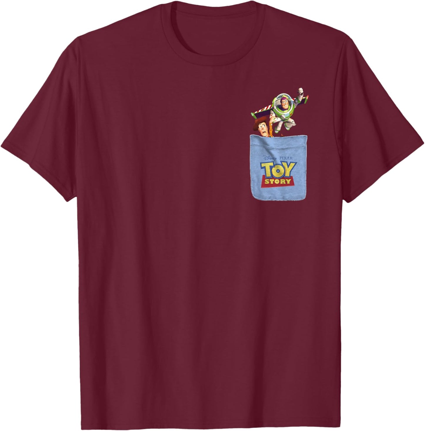 Disney Pixar Toy Story Buzz And Woody Flying Pocket Logo T-Shirt - T-Shirt | Maroon