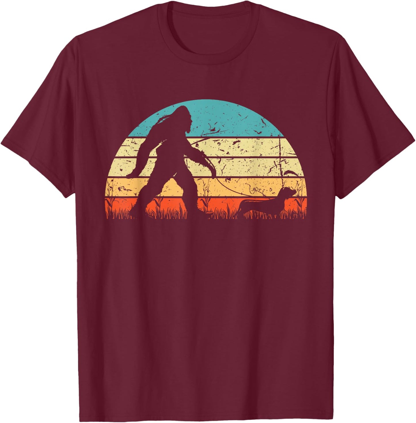 Retro Bigfoot Walking Dachshund Sasquatch Dog Wiener Vintage T-Shirt - T-Shirt | Maroon