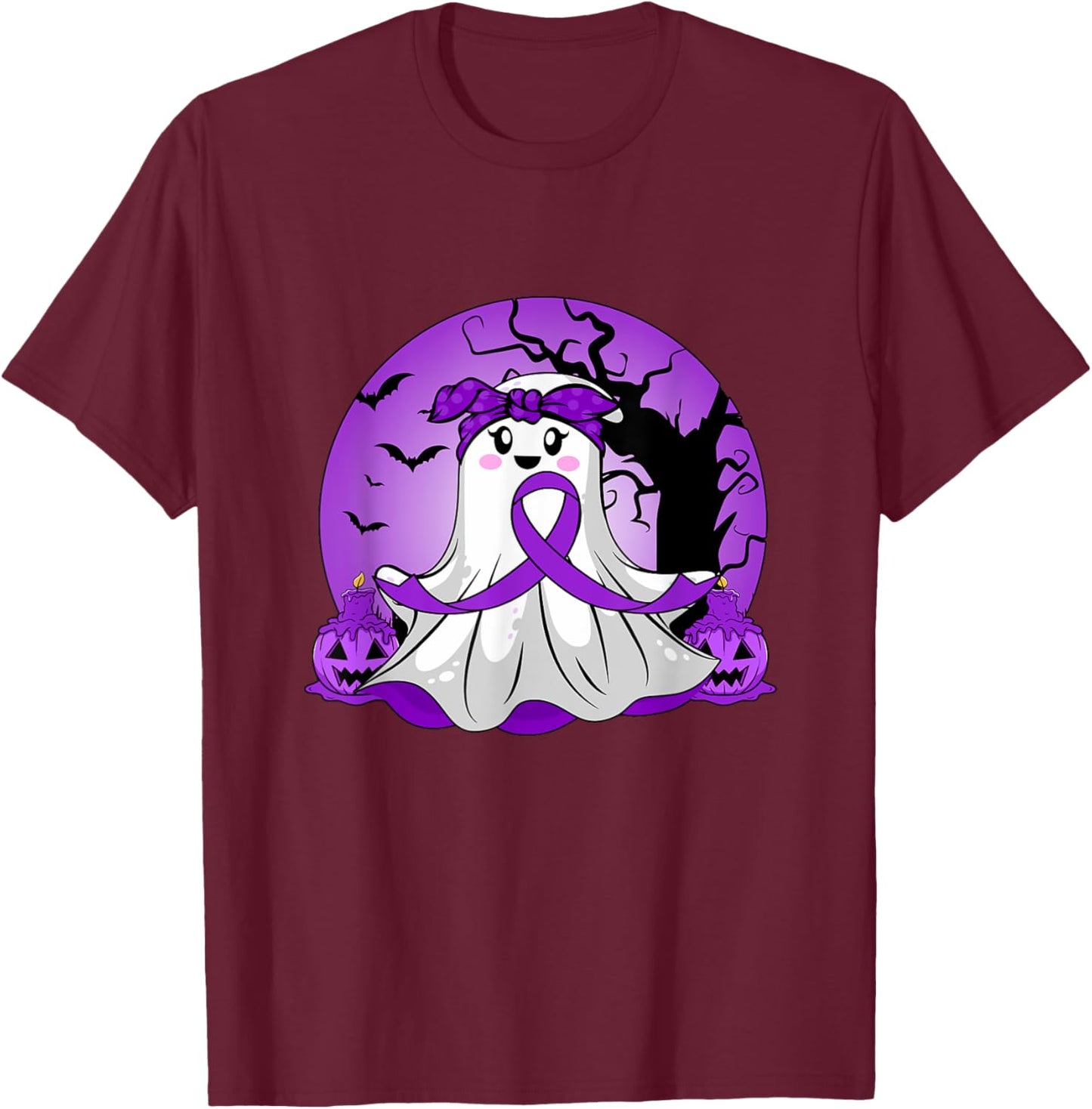 Pancreatic Cancer Halloween Ghost Purple Ribbon Awareness T-Shirt - T-Shirt | Maroon