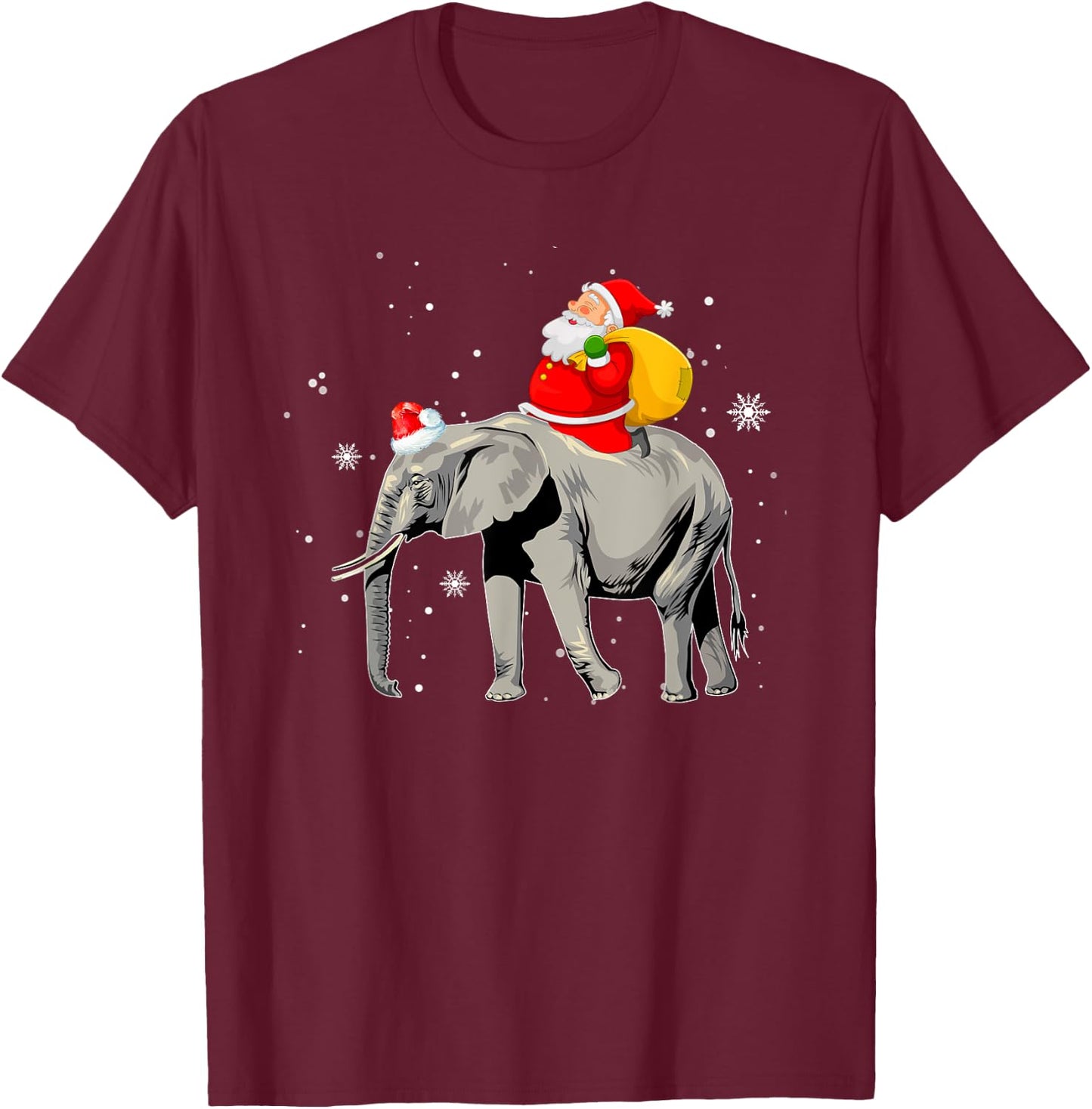 Elephant Christmas Tree Light Hat Xmas Santa Riding Elephant T-Shirt - T-Shirt | Maroon