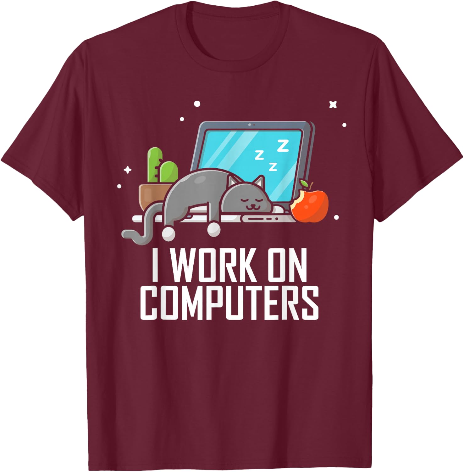 I Work on Computers Funny Cute Tech Coding Cat Working T-Shirt - T-Shirt | Maroon