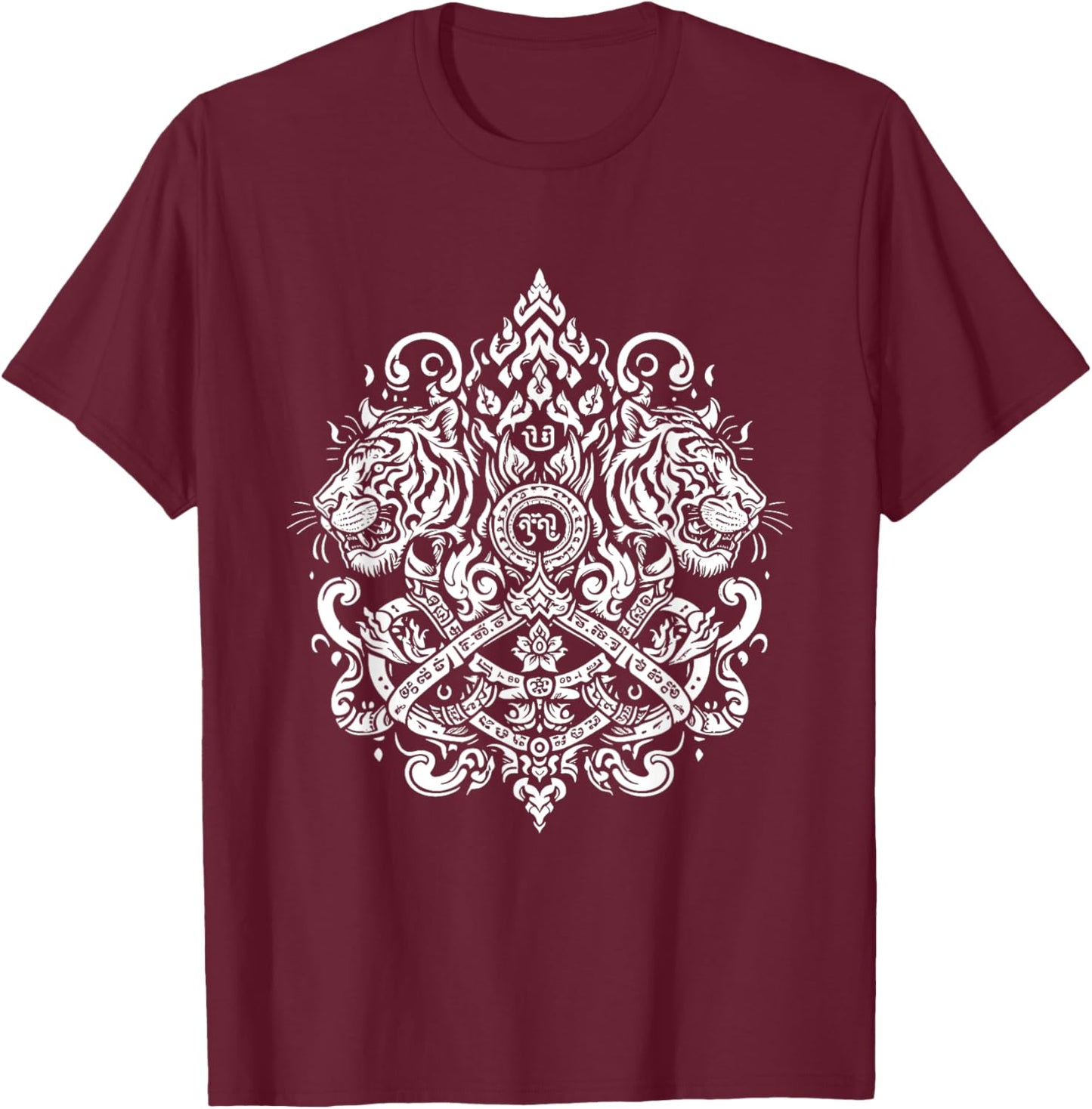 Sak Yant Muay Thai MMA Tattoo Twin Tiger Martial Art Boxing T-Shirt - T-Shirt | Maroon