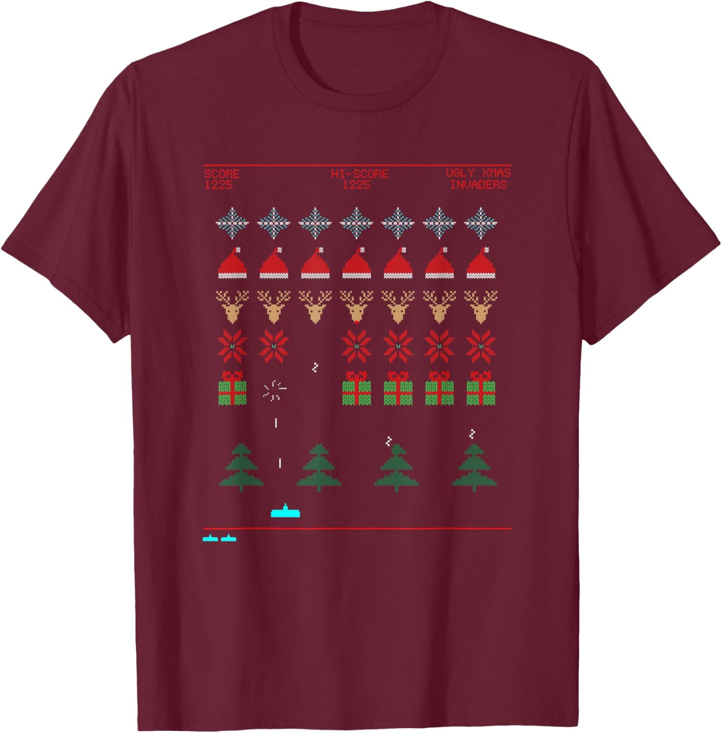 Ugly Christmas Invaders from Space T-Shirt - T-Shirt | Maroon