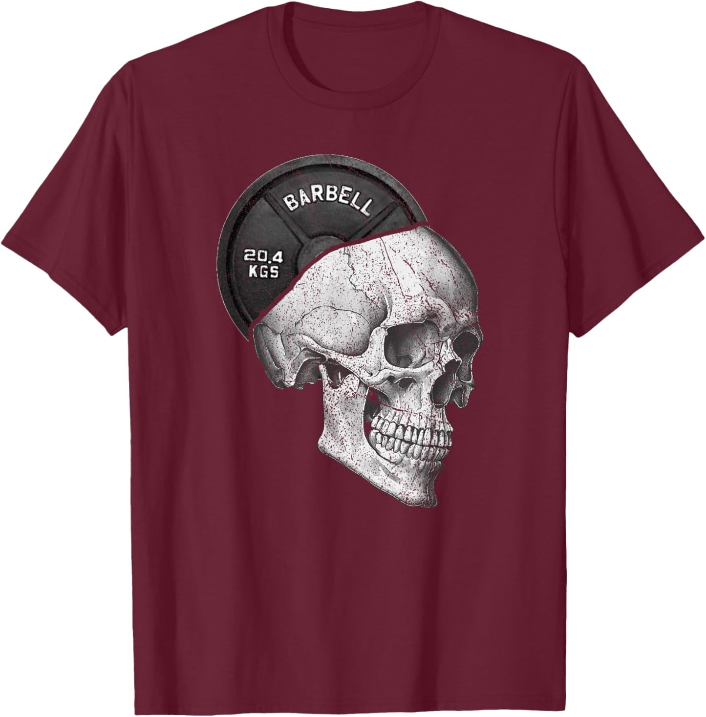 Funny Skull Weightlifting Gym Print T-Shirt - T-Shirt | Maroon