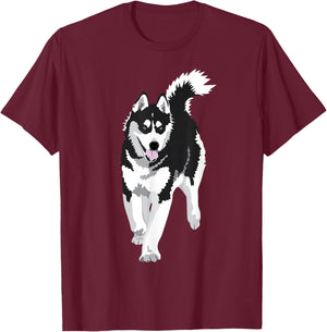 black and white Siberian Husky Snow Dog T-Shirt - T-Shirt | Maroon