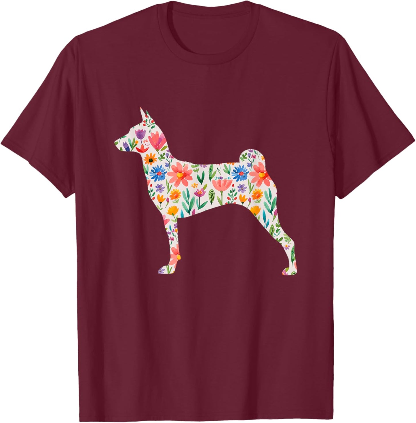 Miller Sye Basenji Dog Watercolor Flowers - Black, Small, -Adults, Short Sleeve, Classic Fit T-Shirt - T-Shirt | Maroon