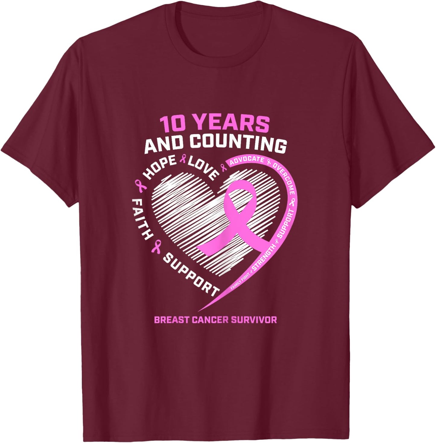 10 Year Breast Cancer Survivor Gifts Cancer Free T-Shirt - T-Shirt | Maroon