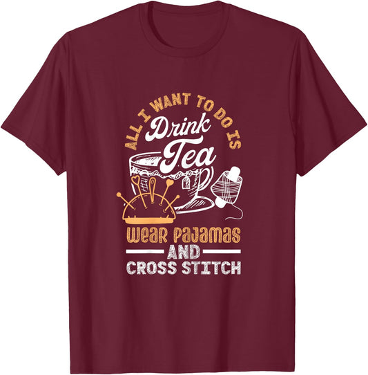 Cute Cross Stitch Clothes Cross Stitch Wear Pajamas And Drink Tea Black X-Small T-Shirt - T-Shirt | Maroon