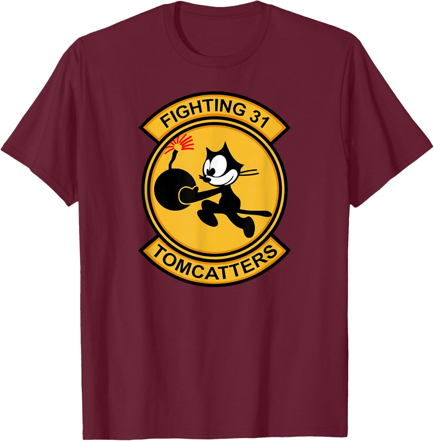 Jet Fighter & Navy Fighter Squadron Gifts VF-31 Tomcatters - Adults Black Cartoon Modern Casual Short Sleeve - Small T-Shirt - T-Shirt | Maroon